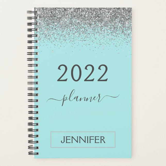 2022 Argent Turquoise Bleu Aqua Pailleté Monogramm (Devant)