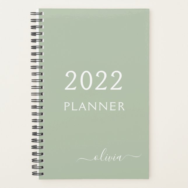 2022 Sage Green Girly Script Monogramme Nom Planif (Devant)