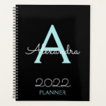 2022 Turquoise Aqua Blue Monogram noir élégant<br><div class="desc">2022 Turquoise Aqua Blue et Black Monogram Nom et Initiale Spiral Carnet Planner. Cela rend le cadeau parfait pour 16 ans,  mariage,  douche nuptiale,  anniversaire,  baby shower ou bachelorette pour quelqu'un qui aime le luxe glam et les styles chic.</div>