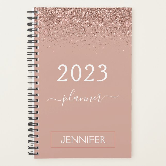 2023 Rose Gold Blush Pink Glitter Monogramme Fémin (Devant)