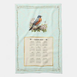 2024 Calendrier Serviette Robin Oiseau Aqua Damask