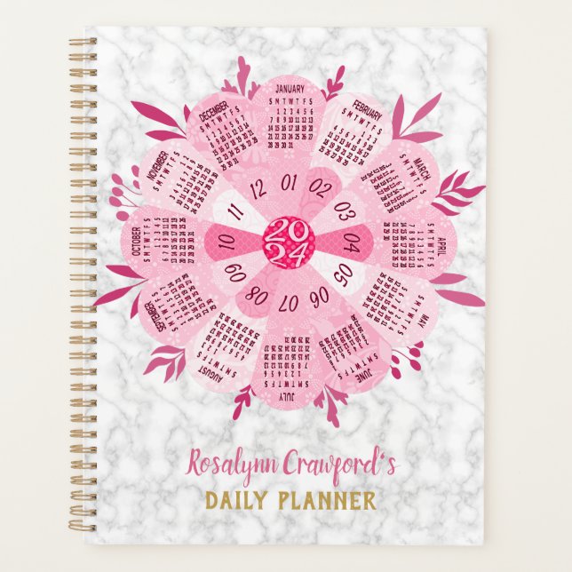 2024 Calendrier Unique Boho Rose Flower Nom person (Devant)
