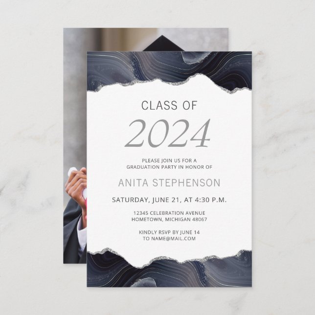 2024 Graduation Photo Blue Grey Agate Invitation (Devant / Derrière)
