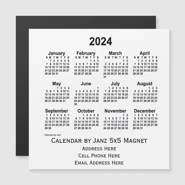 2024 White Business Calendar par Janz 5x5 Magnet (Devant / Derrière)