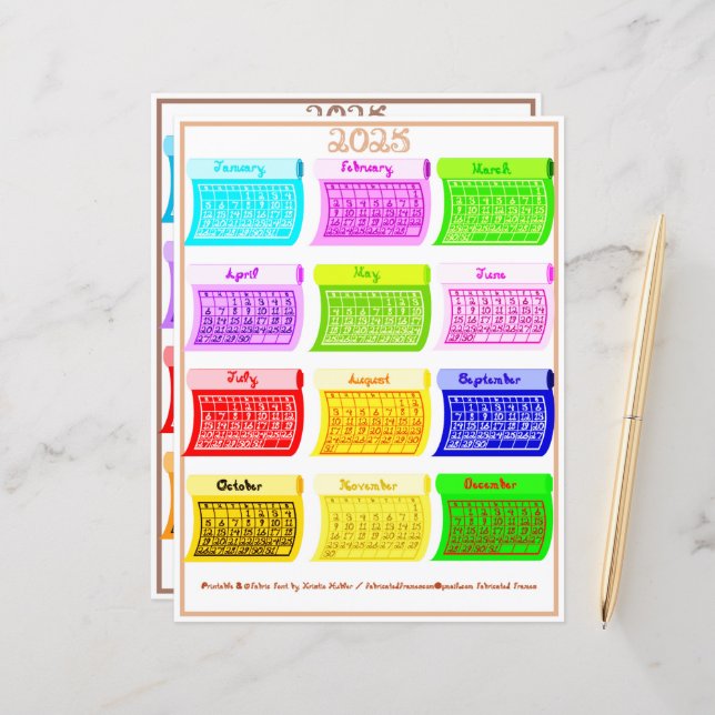 2025 Calendrier Bolt Fabric Police 12 Mois Couleur (Devant/Arrière en situation)