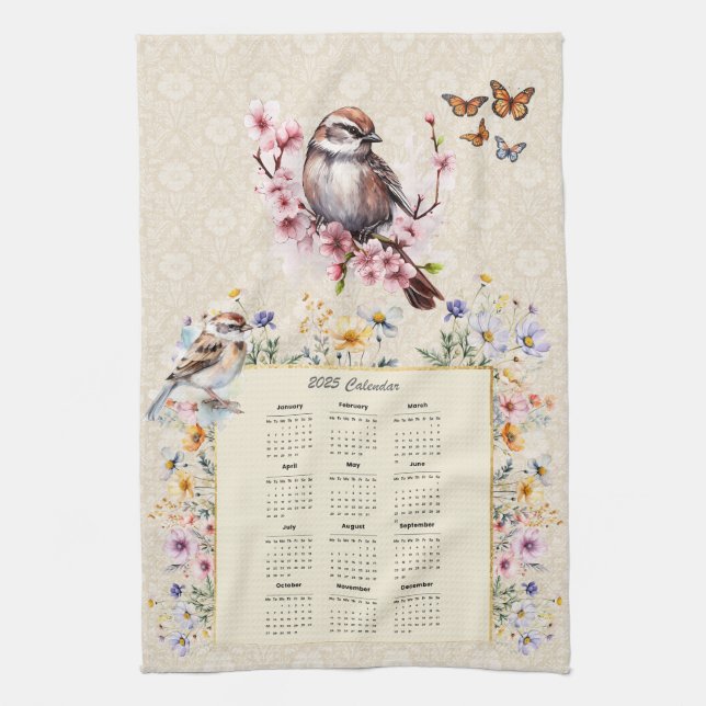 2025 Calendrier Épervier de serviette avec Fleurs  (Vertical)