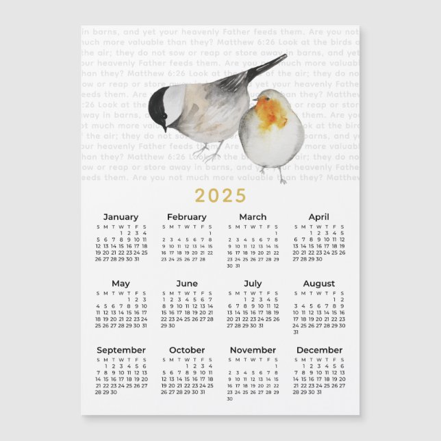2025 Matthew 6:26 Aquarelle Birds Calendrier Magne (Devant)