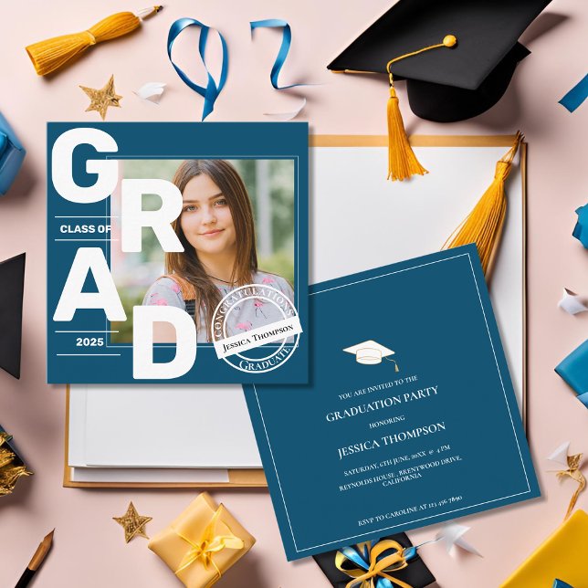 2025 Mini photo Blue Graduation Invitation (2025 Mini Photo Blue Graduation Invitation)