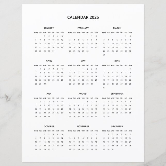 2025 Modern Minimalist Printable Calendar in Black (Devant)