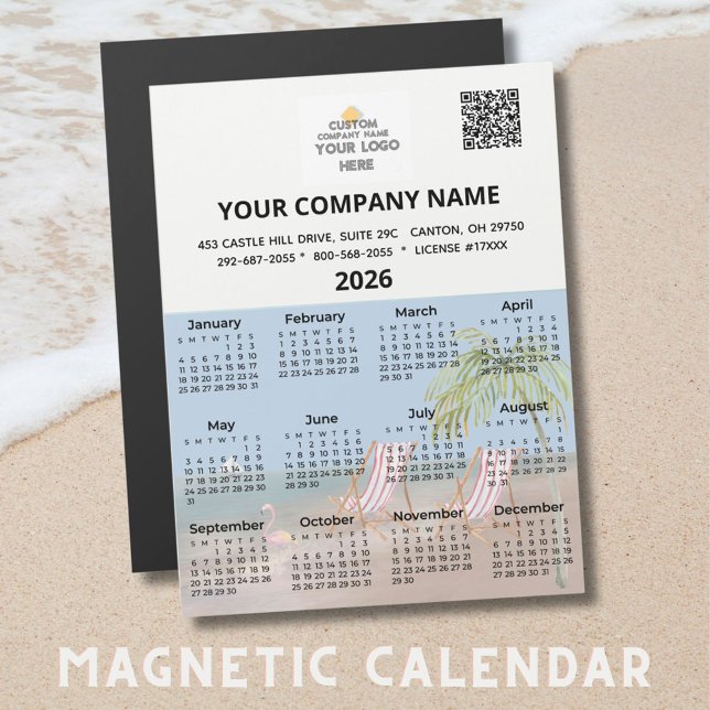2026 Beach Magnet Calendar Business Logo Code QR (Créateur téléchargé)