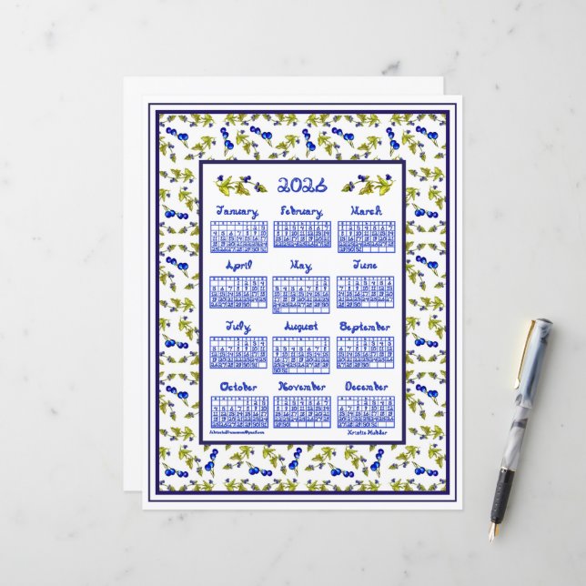 2026 Calendar Blueberries Stem Leaves Fabric Font (Devant/Arrière en situation)