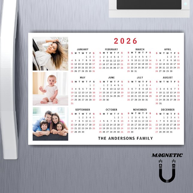 2026 Calendar Custom Name Photo Collage Magnet (Créateur téléchargé)
