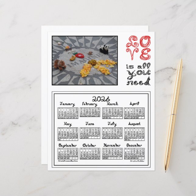 2026 Calendar Imagine Peace Photo Love Fabric Font (Devant/Arrière en situation)