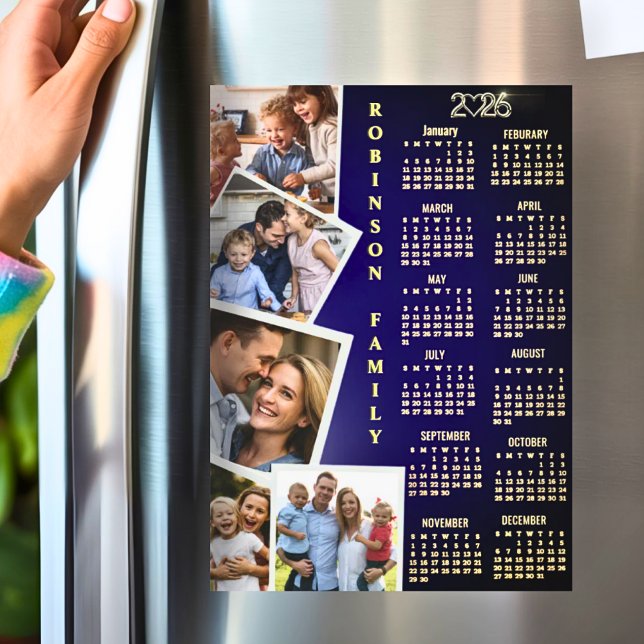 2026 Calendar Navy White Gold 5 Photo Collage (Créateur téléchargé)