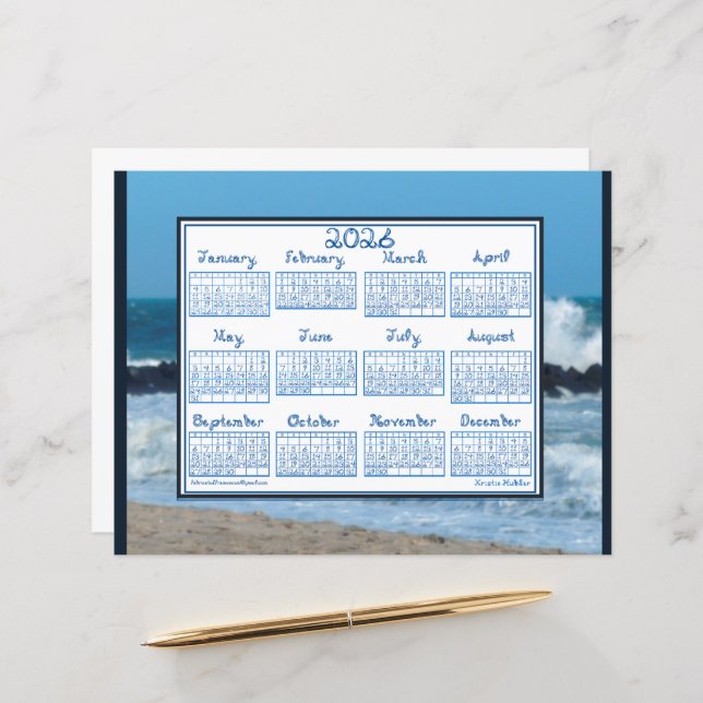 2026 Calendar Ocean Waves Beach Rocks Fabric Font (Devant/Arrière en situation)