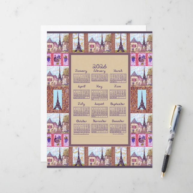 2026 Calendar Paris Eiffel Tower Pointillism Art (Devant/Arrière en situation)