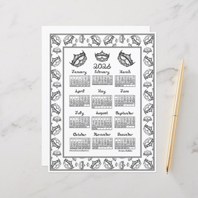 2026 Calendar Queen of Hearts Silver Tiara Fabric  (Devant/Arrière en situation)