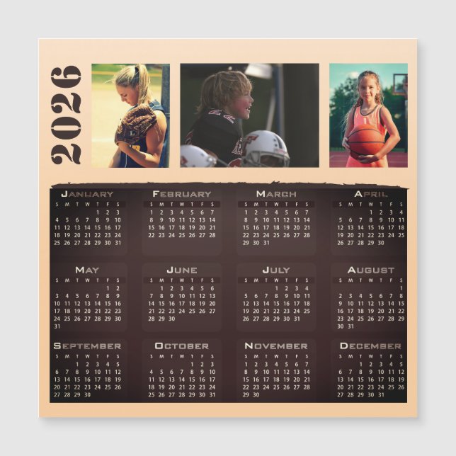 2026 Calendrier 3 Photo Collage Magnet Card (Devant)