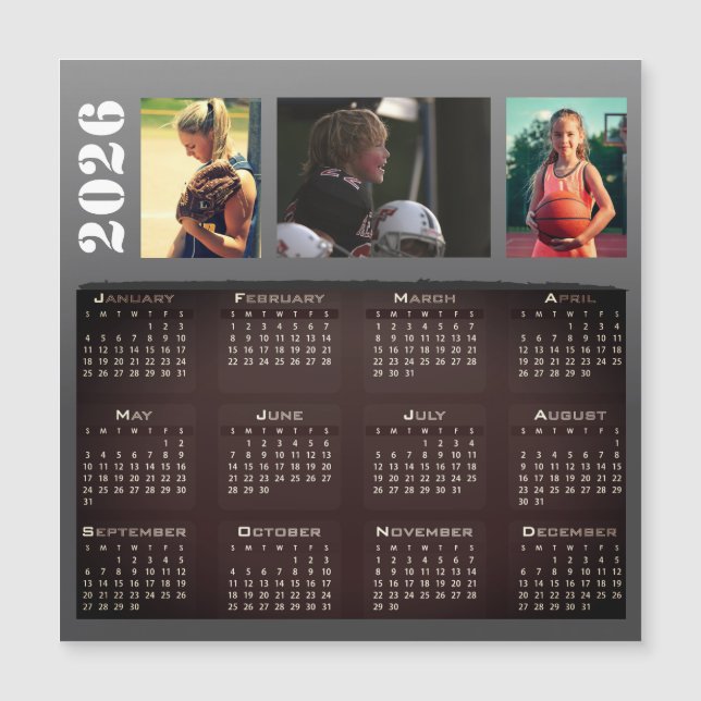 2026 Calendrier 3 Photo Collage Magnet Card (Devant)