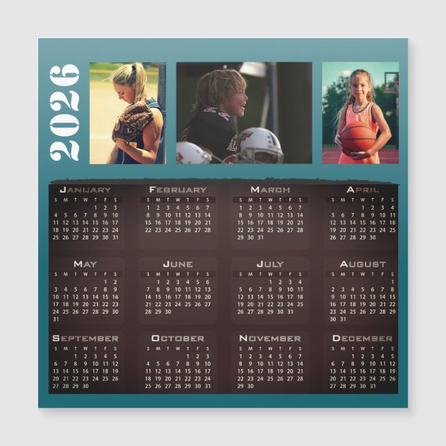 2026 Calendrier 3 Photo Collage Magnet Card (Devant)