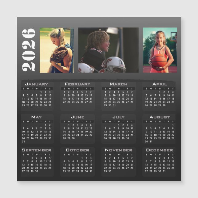 2026 Calendrier 3 Photo Collage Magnet Card (Devant)