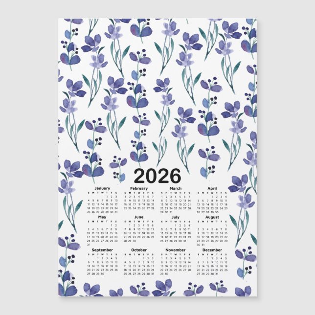 2026 Calendrier Aquarelle Bleu Motif Floral (Devant)