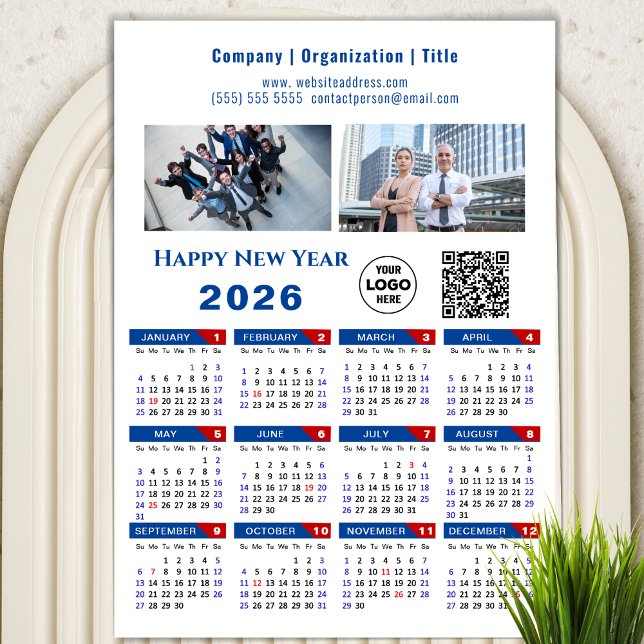 2026 Calendrier Business Logo QR code Bleu magnéti (Créateur téléchargé)
