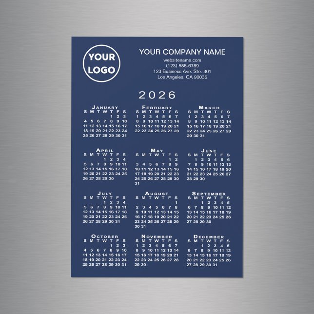 2026 Calendrier Business Logo Texte Marine Magnet  (2026 Calendar Business Logo Text Navy Magnet Card, in situ)