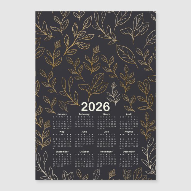 2026 Calendrier Elegant Feuille or Motif (Devant)