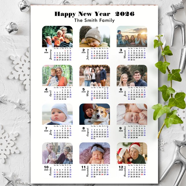 2026 Calendrier Famille 12 Photo Collage Minimalis (Créateur téléchargé)