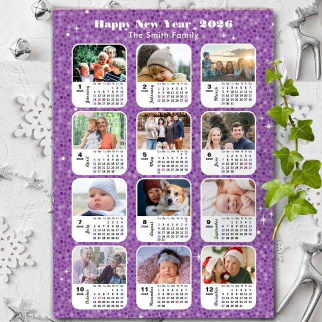 2026 Calendrier Famille Photo Moderne Violet Parti (Créateur téléchargé)