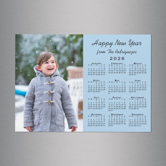 2026 Calendrier Photo Bonne Année Bleu clair (2026 Calendar Photo Happy New Year Light Blue Magnet in situ)