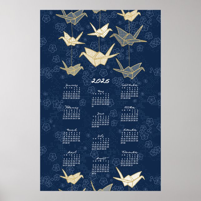 2026 Calendrier Poster Origami Grues Bleu et Or (Devant)
