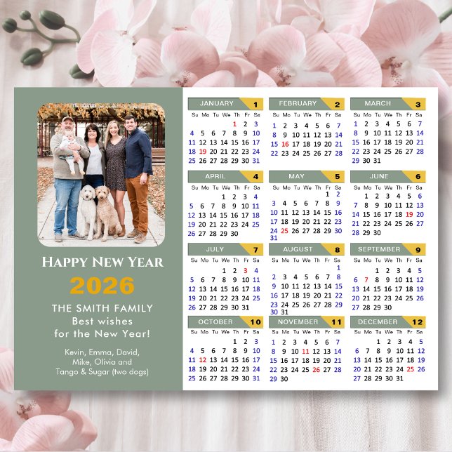 2026 Calendrier Sage Vert Minimaliste Photo Magnét (Créateur téléchargé)