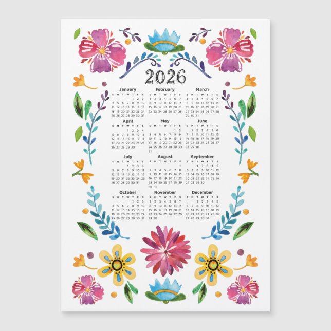 2026 Calendrier Traditionnel Floral Folk Art Mexic (Devant)