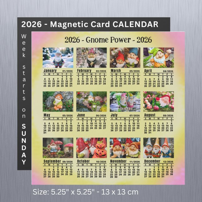 2026 Custom Photo Gnome Calendrier Dimanche début (Créateur téléchargé)