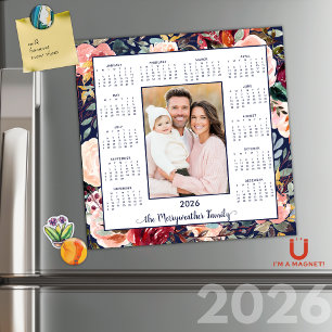 2026 Élégant Bleu Floral Photo Calendrier magnétiq