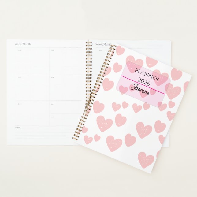 2026 Feminine Planner | Soft Pink Hearts & Elegant (Devant avec enveloppe)