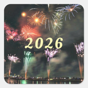 2026, feux d'artifice, autocollant carré