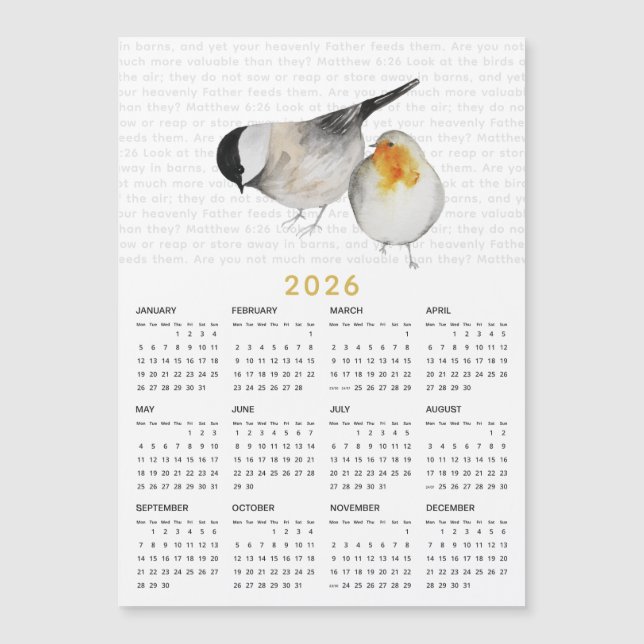 2026 Matthew 6:26 Aquarelle Birds Calendrier Magne (Devant)