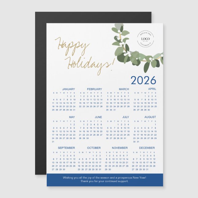 2026 Modern Wreath Your Logo ici Calendrier bleu (Devant / Derrière)