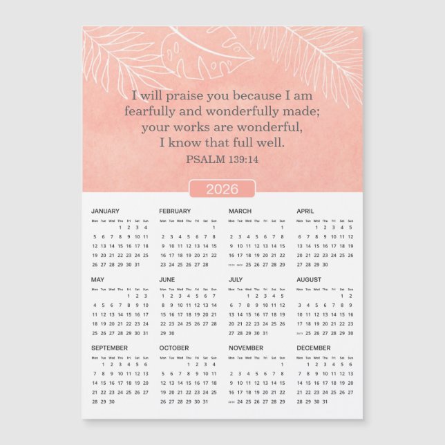2026 Psaume d'aquarelle rose 139:14 Magnet (Devant)