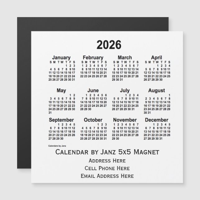 2026 White Business Calendar par Janz 5x5 Magnet (Devant / Derrière)