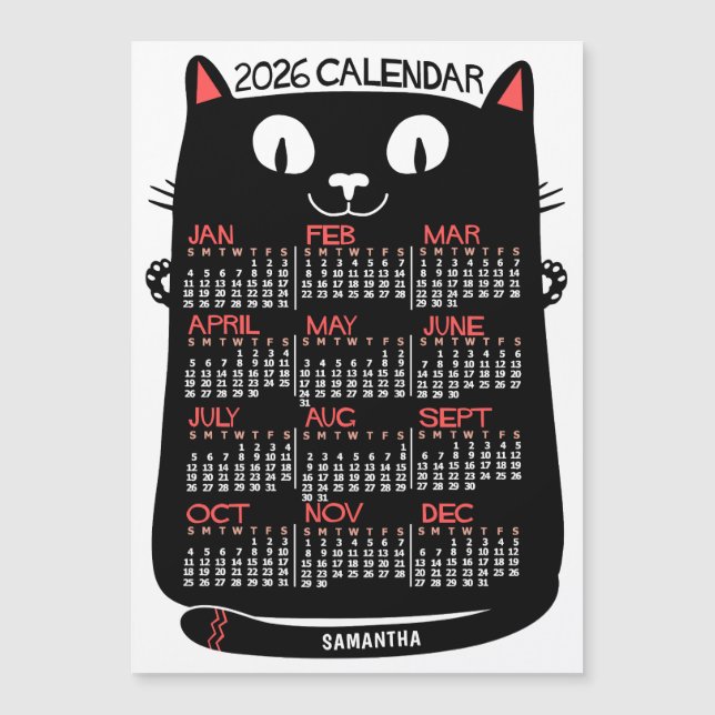 2026 Year Calendar Mid-Century Black Cat Magnet (Devant)