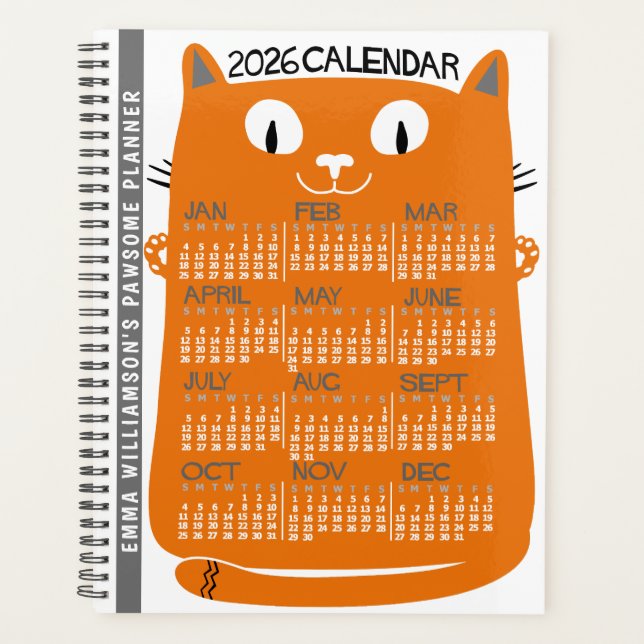 2026 Year Monthly Calendar Mid-Century Orange Cat (Devant)