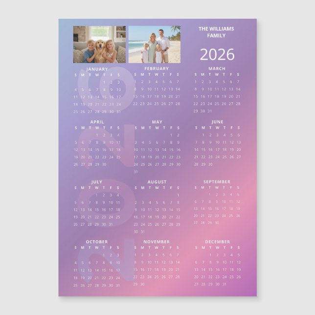 2026 Yearly Calendar Pink Blue Personalised Photo (Devant)