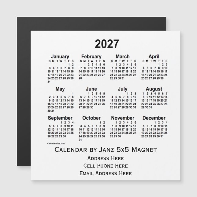 2027 White Business Calendar by Janz 5x5 Magnet (Devant / Derrière)