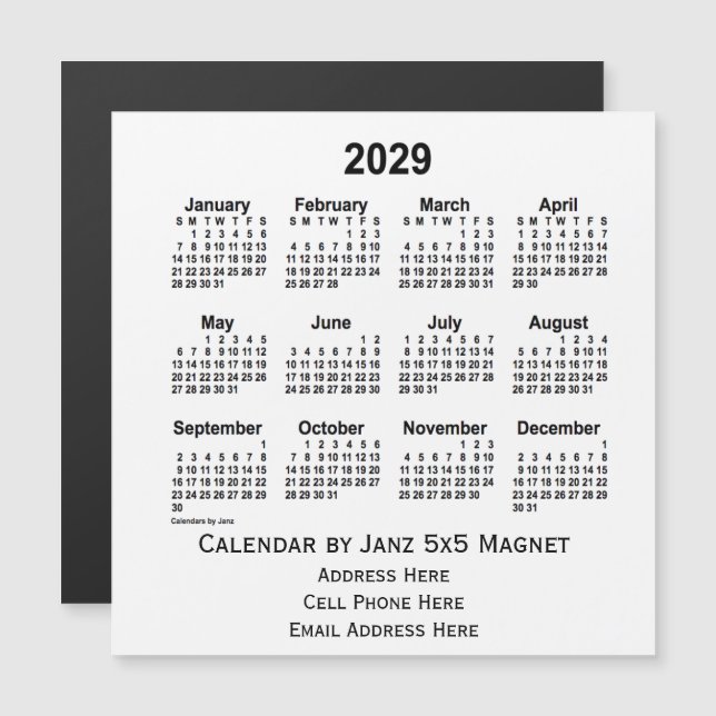 2029 White Business Calendar par Janz 5x5 Magnet (Devant / Derrière)