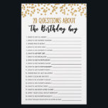 20 Questions À Propos Du Jeu Modifiable Pour Enfan<br><div class="desc">Achetez ce jeu éditable et profitez de la haute qualité 20 Questions A propos de la carte Birthday Boy pour votre événement! C'est un modèle de jeu,  Vous pouvez changer les questions comme vous le souhaitez! Conception de thème Gold confetti.</div>