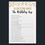 20 Questions À Propos Du Jeu Modifiable Pour Enfan<br><div class="desc">Achetez ce jeu éditable et profitez de la haute qualité 20 Questions A propos de la carte Birthday Boy pour votre événement! C'est un modèle de jeu,  Vous pouvez changer les questions comme vous le souhaitez! Conception de thème Gold confetti.</div>